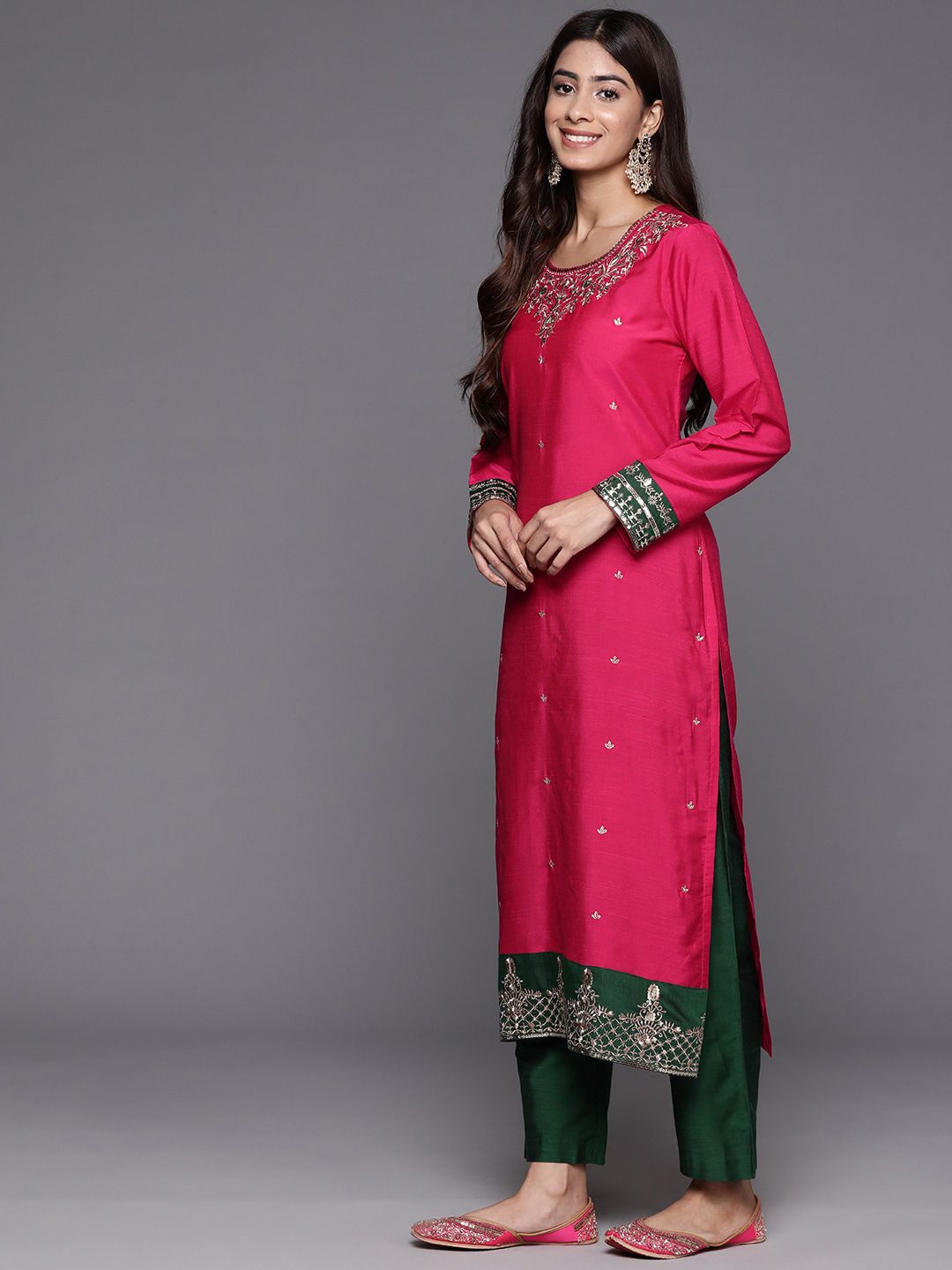 Dhiyona VA Women'sEthnic Motifs Embroidered Straight Kurta & Trousers With Dupatta