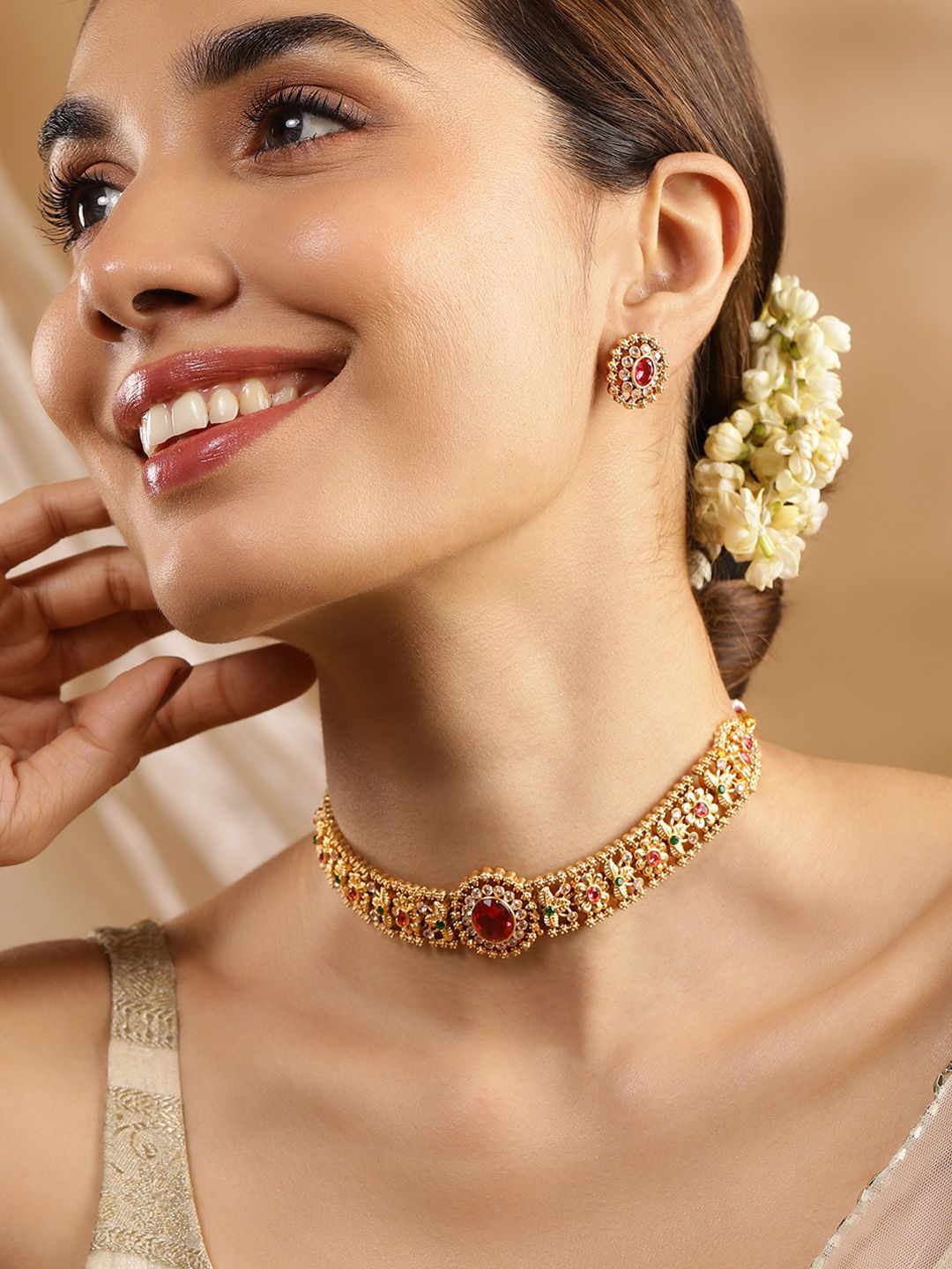 Dhiyona RJ Women's 24K Gold Plated Ruby,Emerald & White Cubic Zirconia Stone Floral Choker Jewelry Set