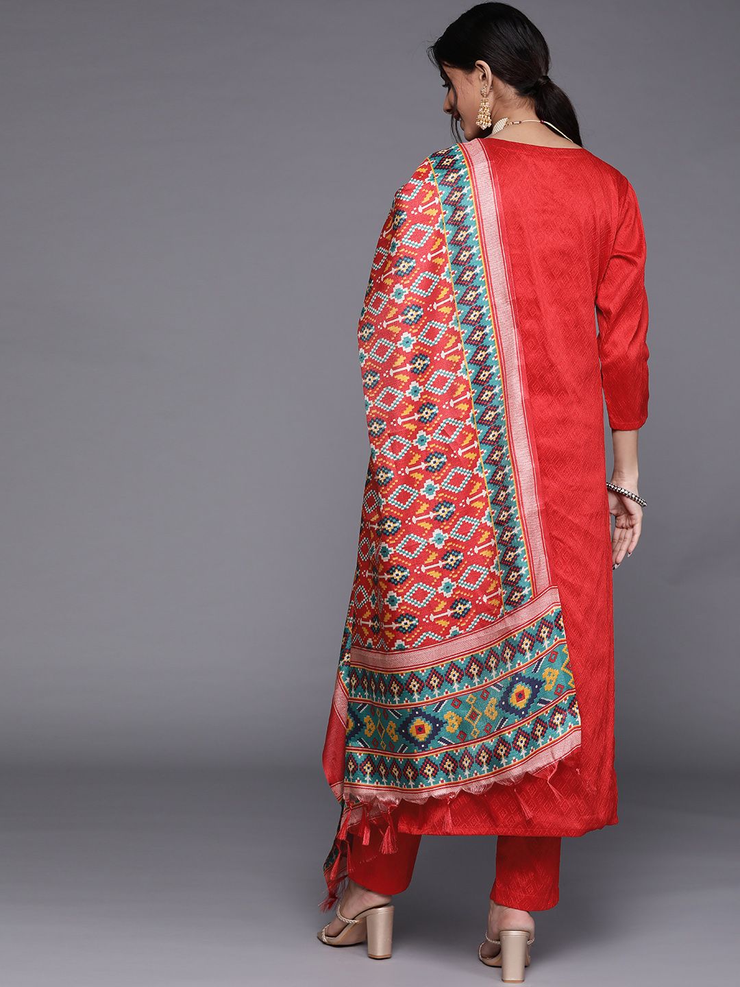 Dhiyona VA Women's Red Kurta with Trousers & With Dupatta