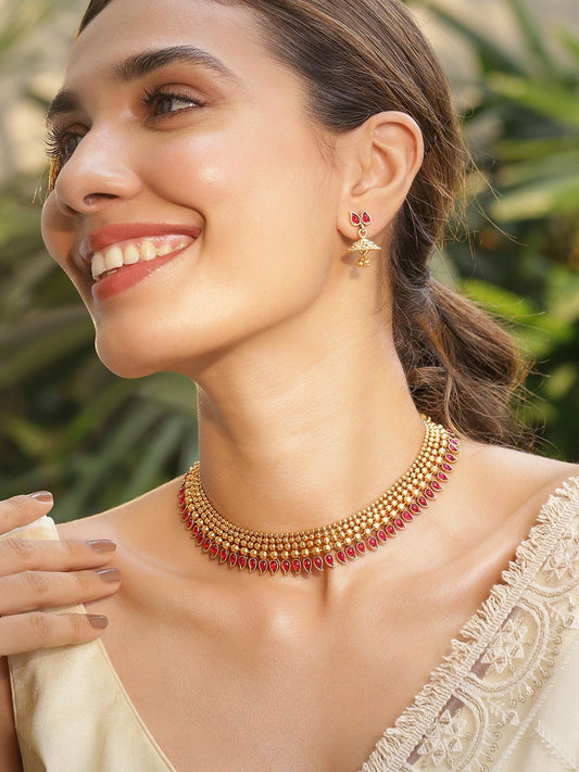 Dhiyona RJ Women's 22K Gold-Plated Handcrafted Brass Necklace Set with Ruby Red Stones & Pearl Drops