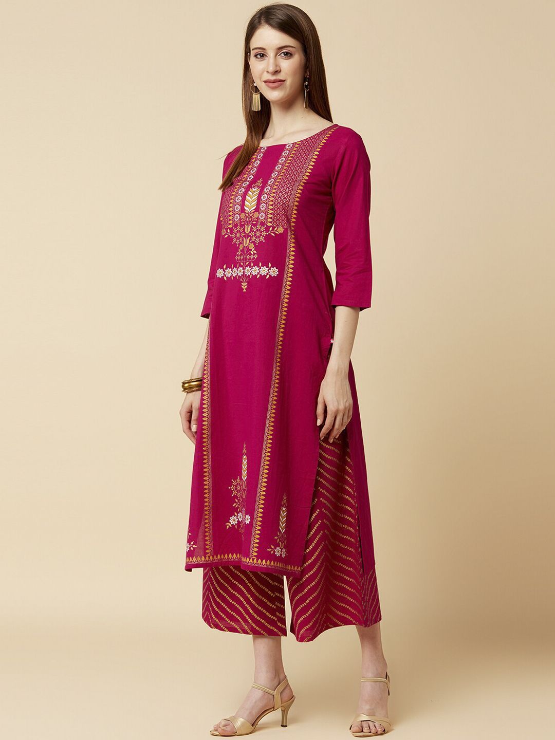 Dhiyona VA Women's Magenta Ethnic Motifs Printed Panelled Kurta with Palazzos