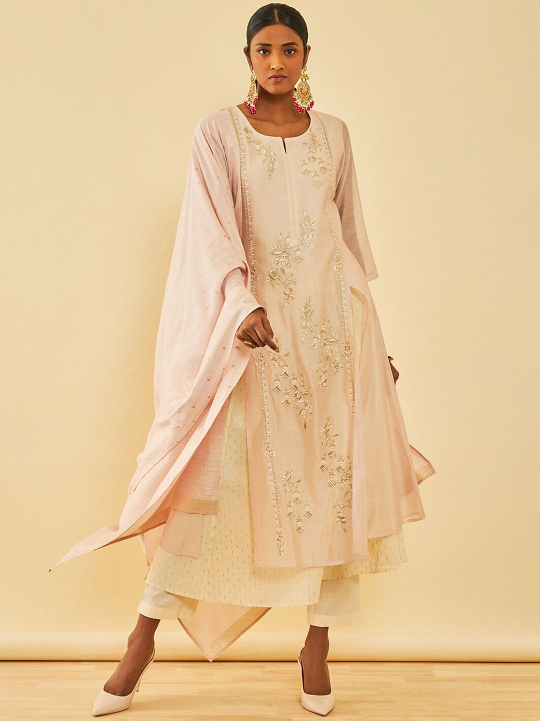 Dhiyona SO Women's Floral Embroidered Layered Thread Work Chanderi Silk Kurta with Trousers & Dupatta