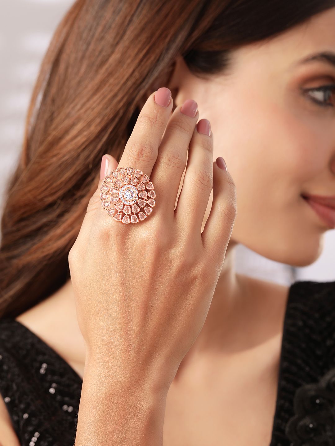 Dhiyona RJ Women's Gold-Toned CZ-Studded Floral-Shaped Cocktail Adjustable Ring