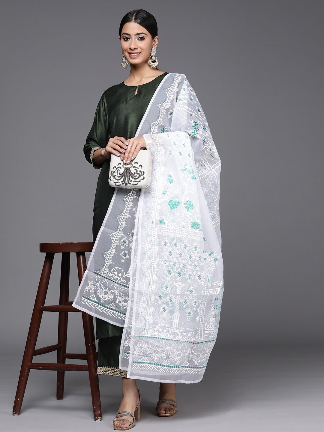 Women Green Sequinned Liva Kurta with Palazzos & With Dupatta