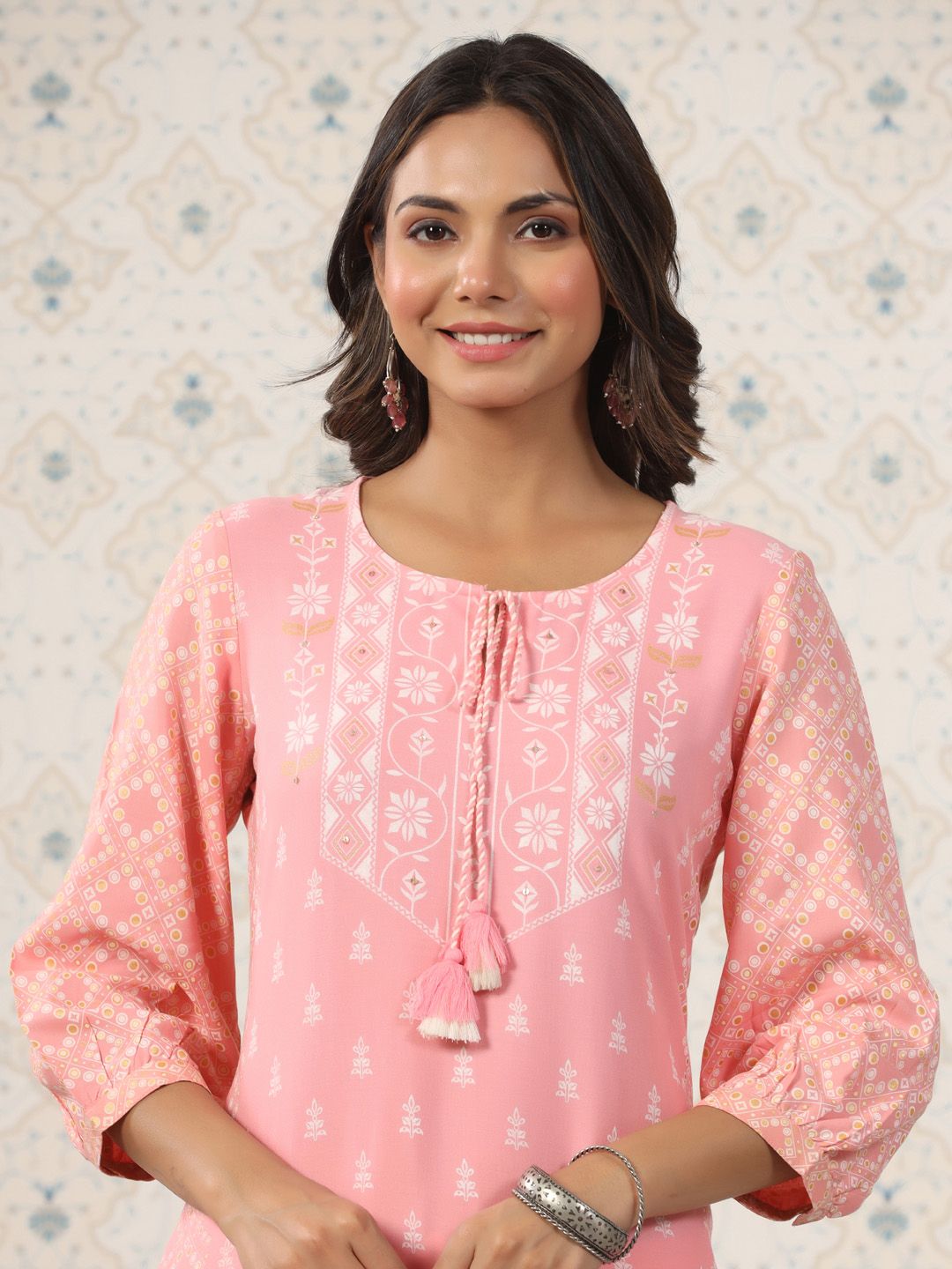 Dhiyona OD Ethnic Motif Printed Tie Up Neck A-Line Kurta With Trousers