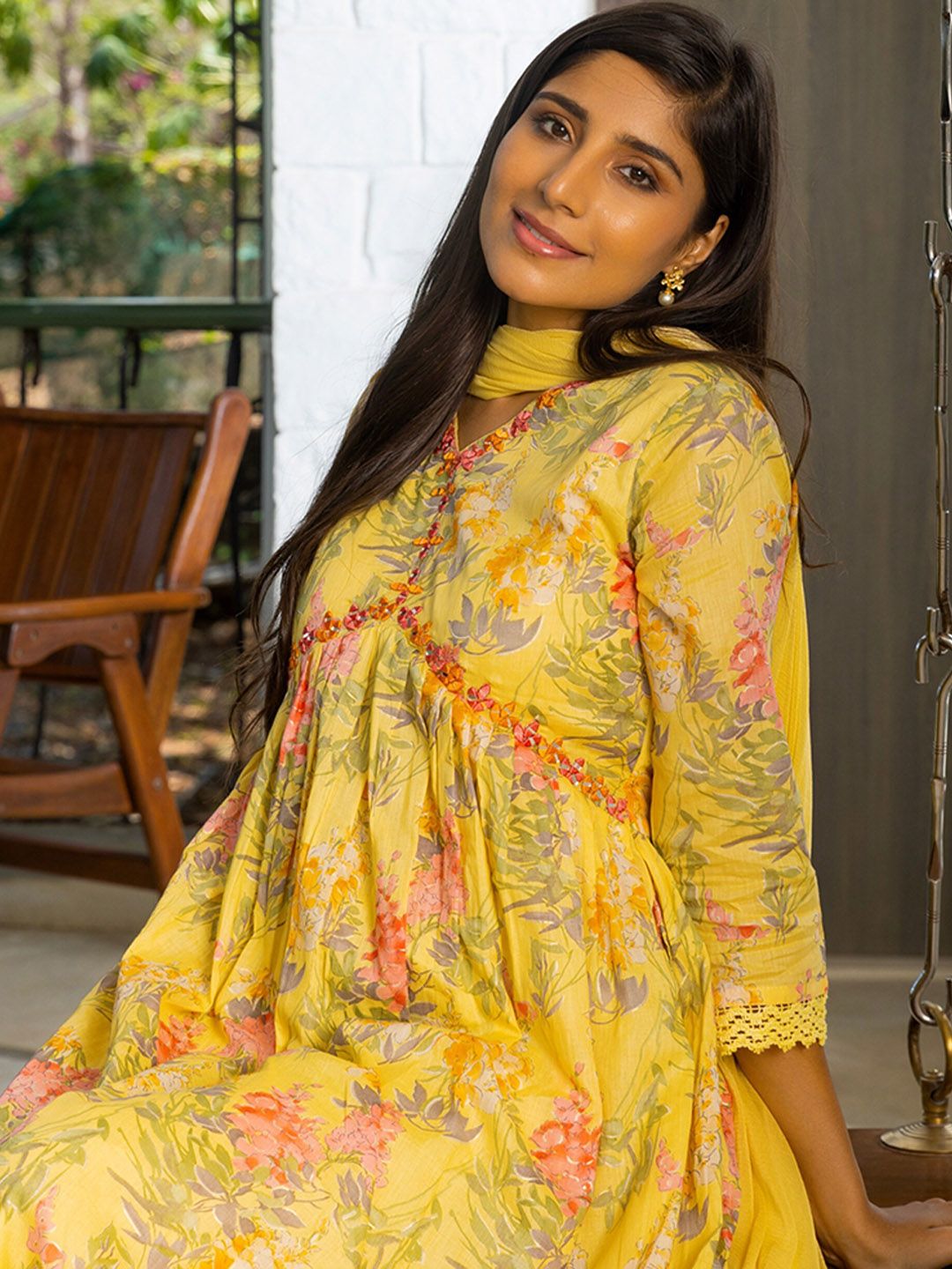 Dhiyona SN Women's Alia Cut Floral Printed Mirror Work Pure Cotton A Line Kurta With Trousers & Dupatta