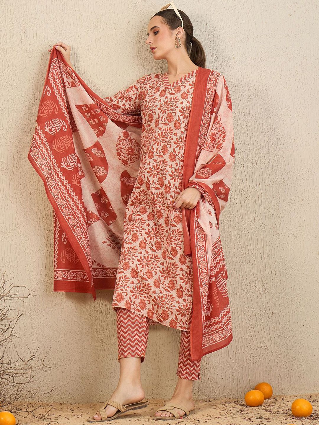 Dhiyona IE Floral Printed Gotta Patti Pure Cotton Straight Kurta With Trousers & Dupatta