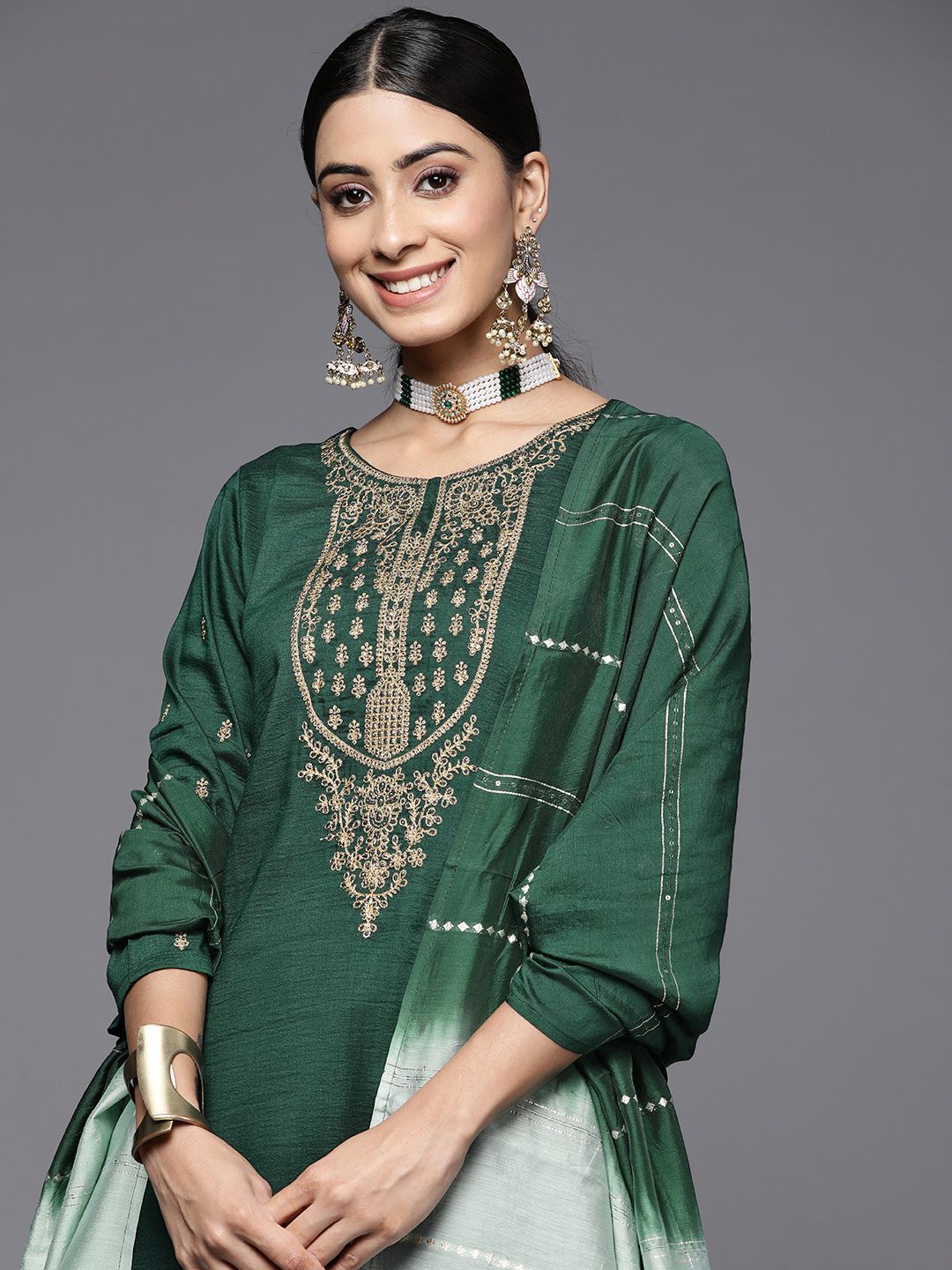 Dhiyona VA Women's Green Ethnic Motifs Embroidered Kurta with Trousers & Dupatta