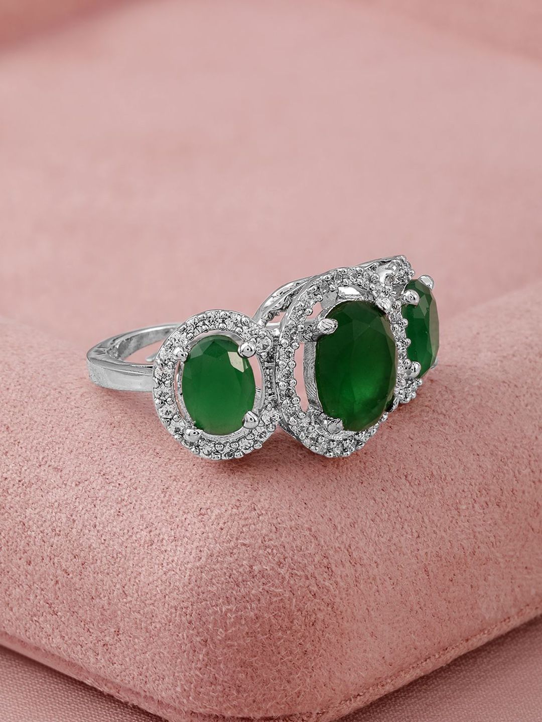 Dhiyona RJ Women's Rhodium-Plated Emerald Green & Cubic Zirconia Studded Adjustable Finger Ring