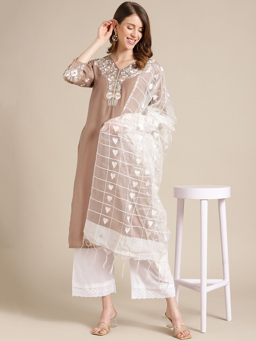 Dhiyona VA Women's Beige Floral Embroidered Kurta with Trousers & With Dupatta