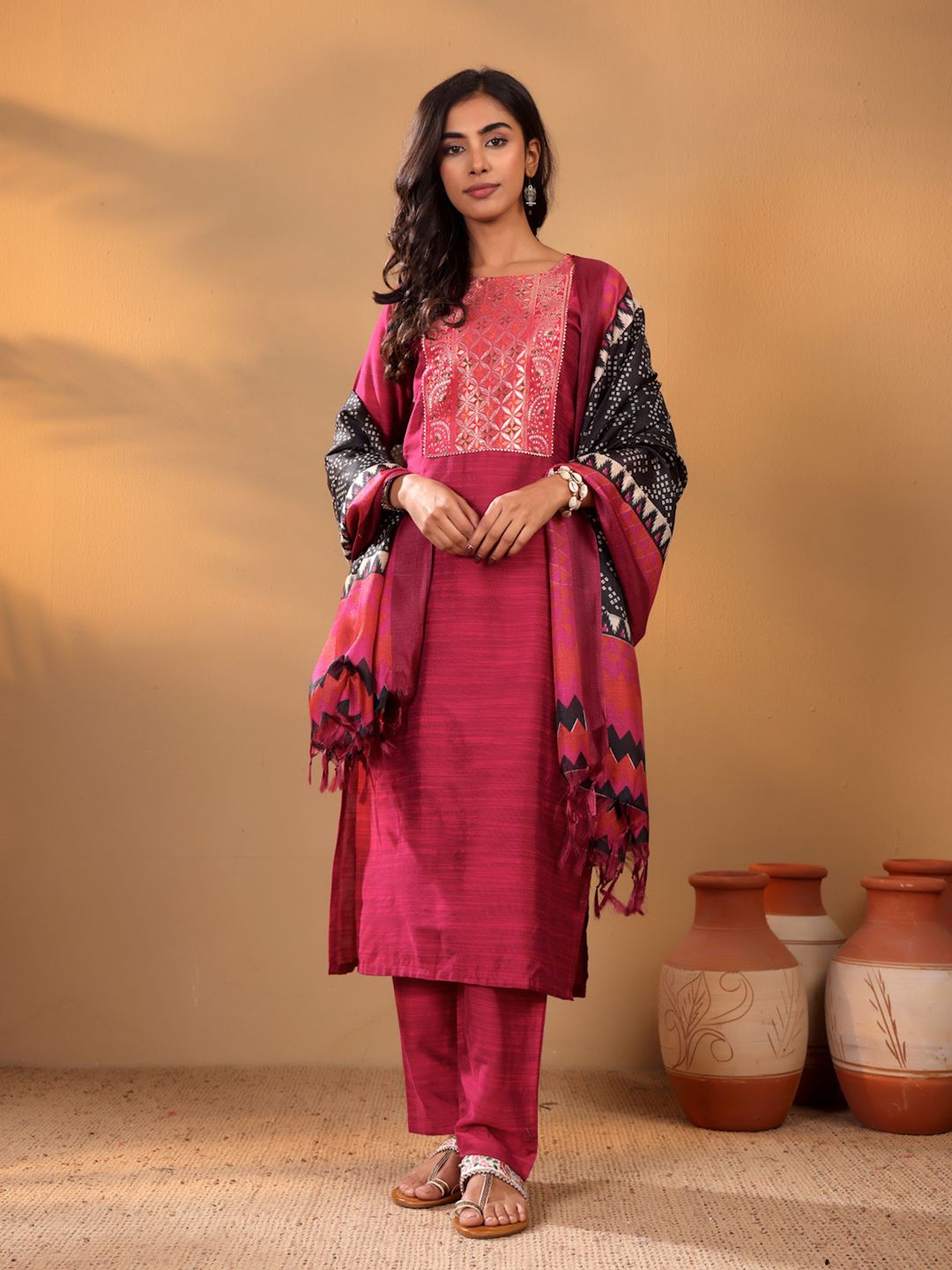 Dhiyona VA Women'sMagenta Floral Yoke Design Gotta Patti Kurta With Trouser & Dupatta