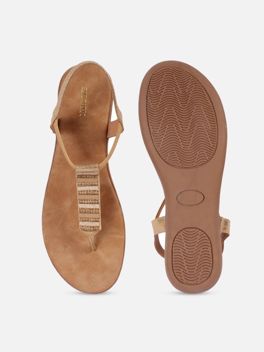 Dhiyona AK Beige Embellished T-Strap Flats With Backstrap