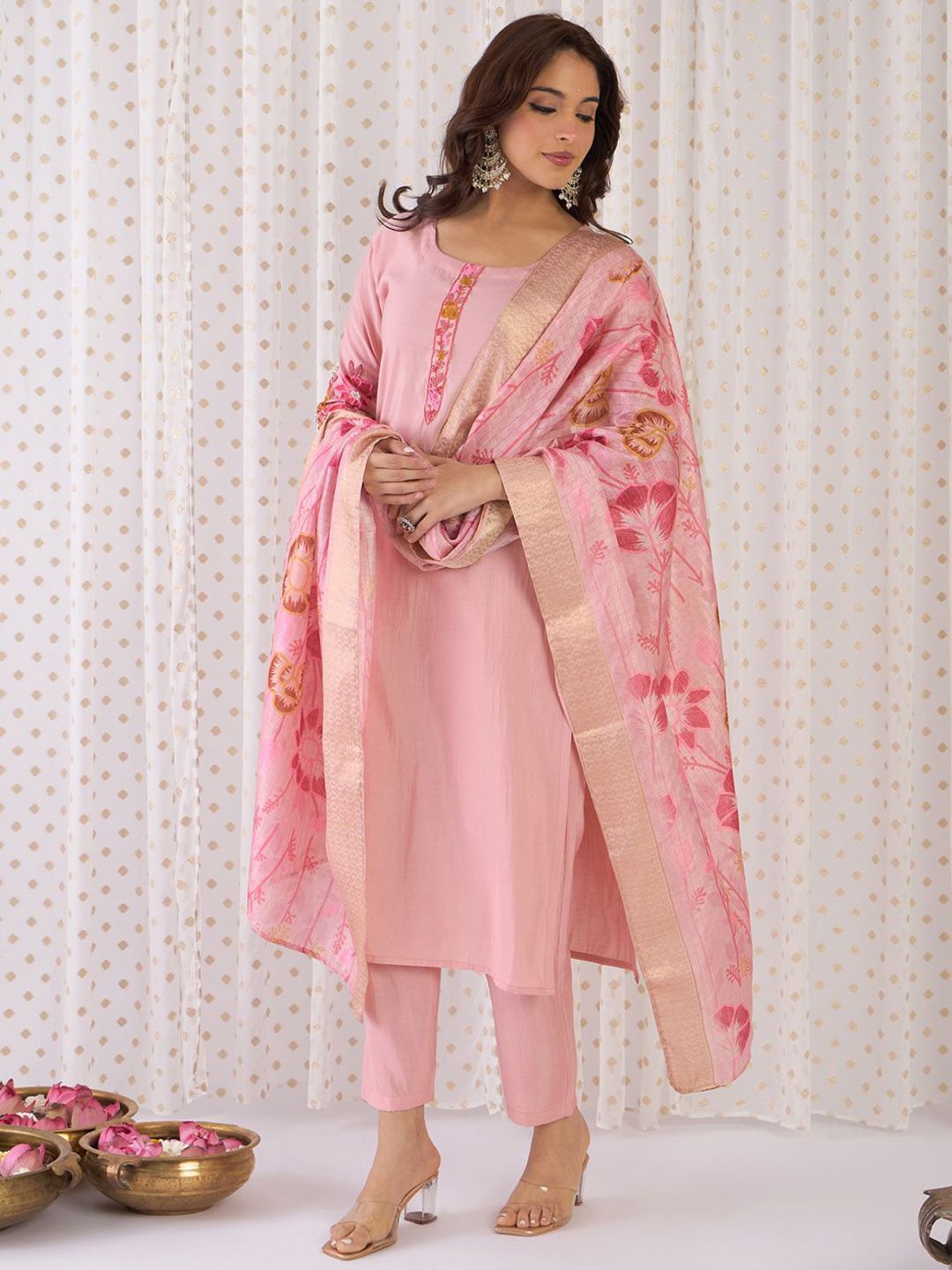 Dhiyona IE Floral Yoke Design Embroidered Thread Work Straight Kurta With Trousers & Dupatta
