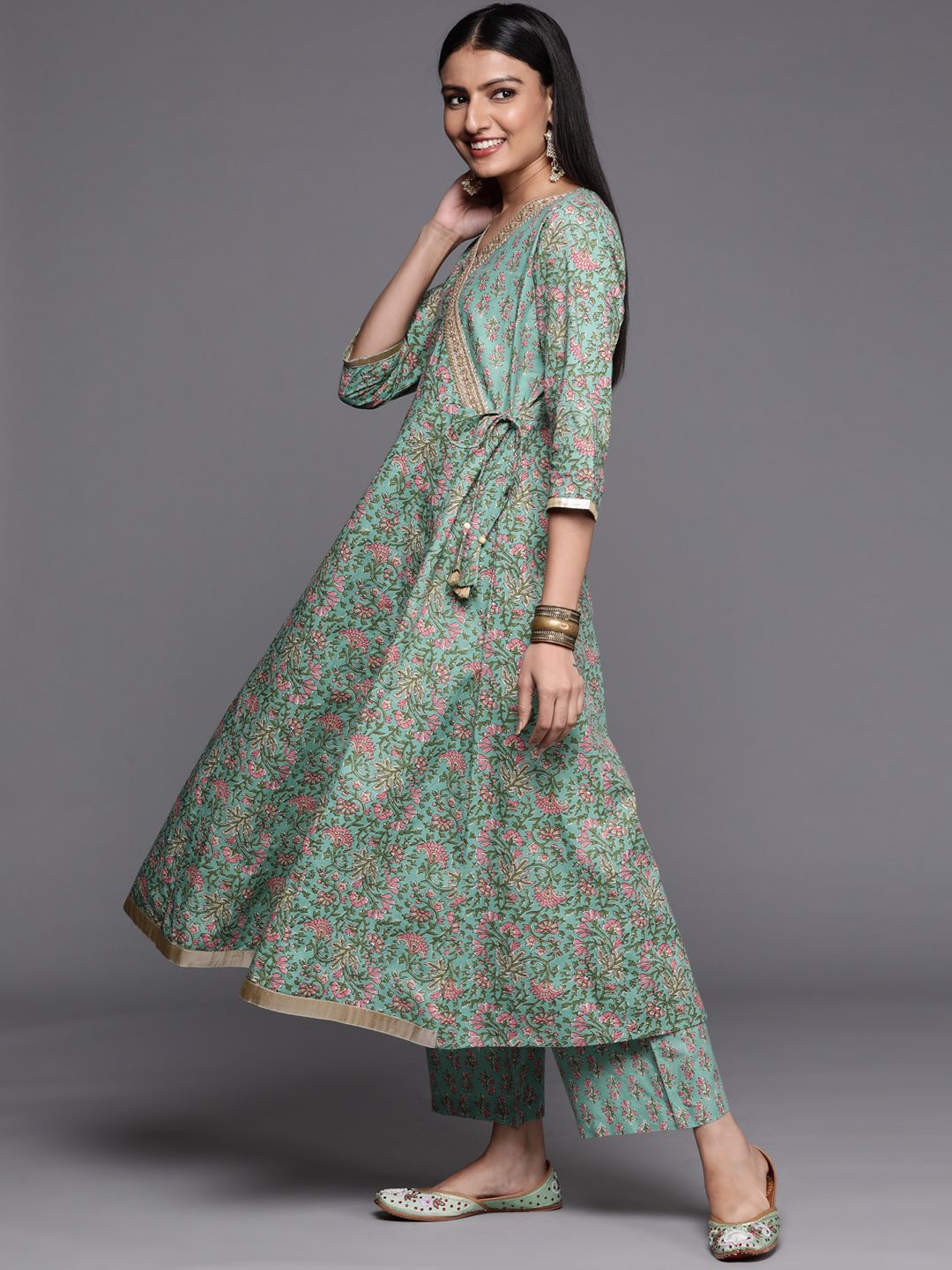 Dhiyona VA Women's Sea Green Floral Printed Angrakha Pure Cotton Kurta with Palazzos