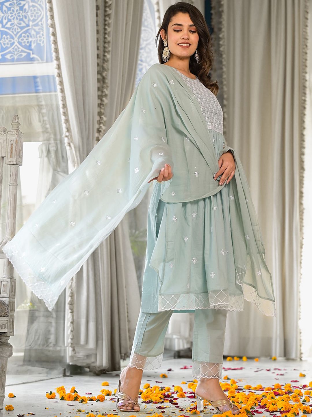 Dhiyona VA Women'sEmbroidered Sequinned Pure Cotton Kurta With Trousers & Dupatta