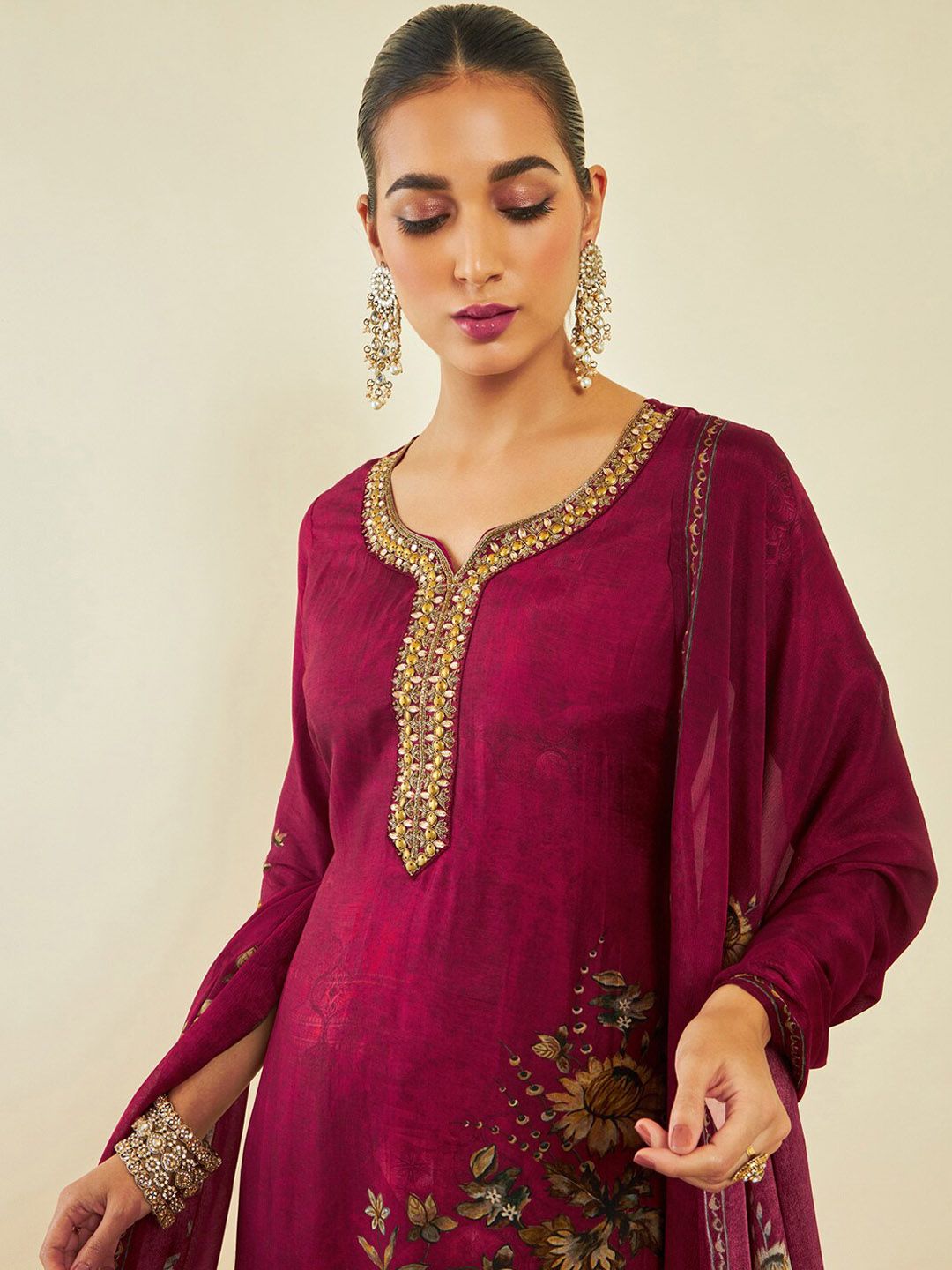 Dhiyona SO Women's Maroon Floral Printed Beads and Stones Kurta With Trousers & Dupatta
