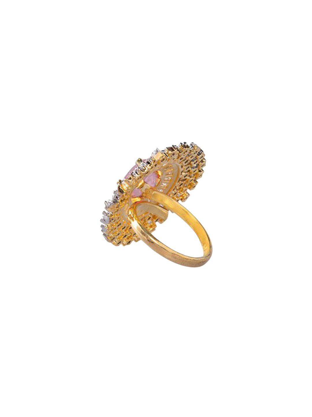 Dhiyona RJ Women's Rhodium-Plated Pink AD & White Zirconia Studded Adjustable Ring
