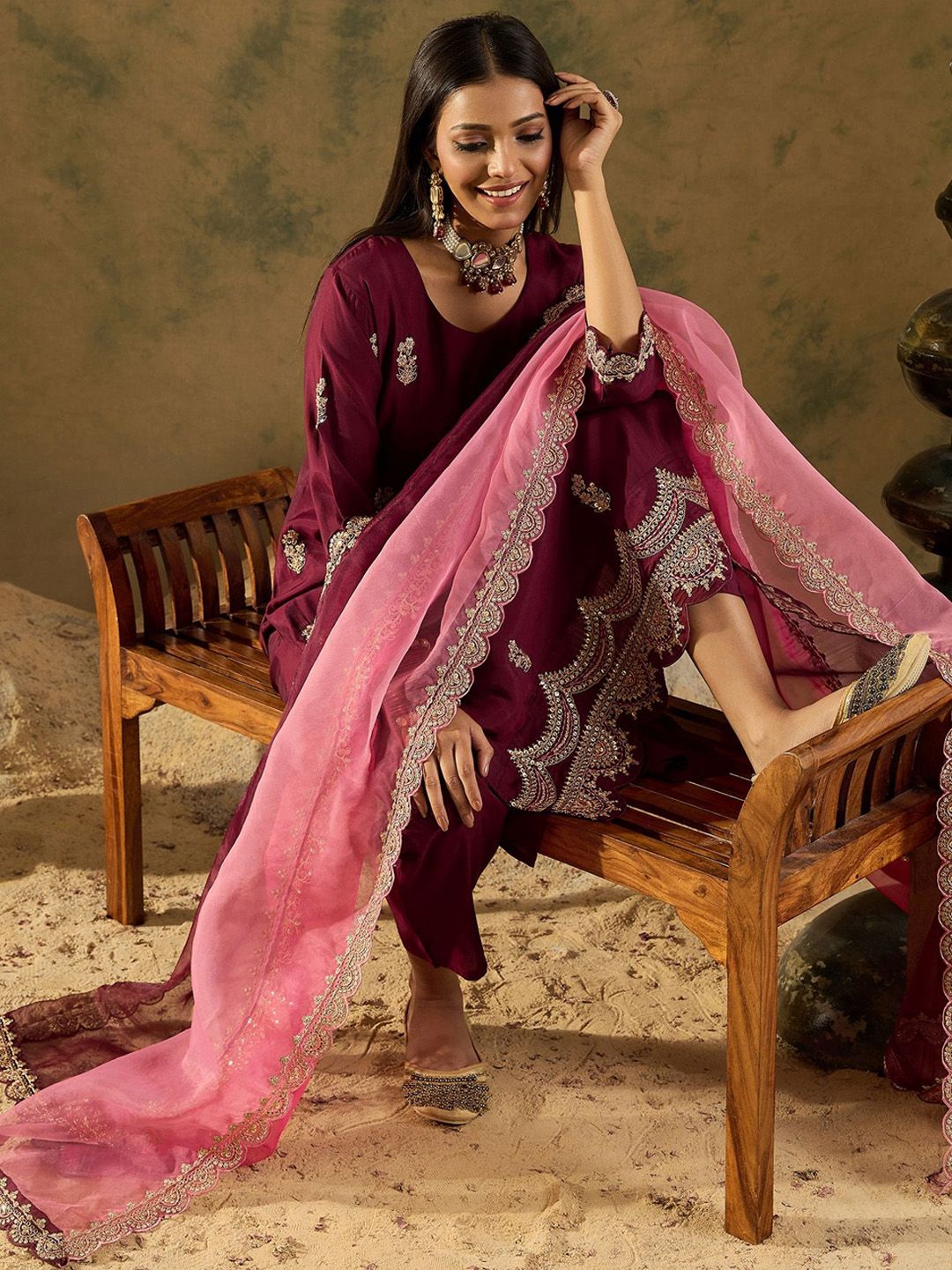 Women Floral Embroidered Regular Sequinned Kurta with Trousers & With Dupatta