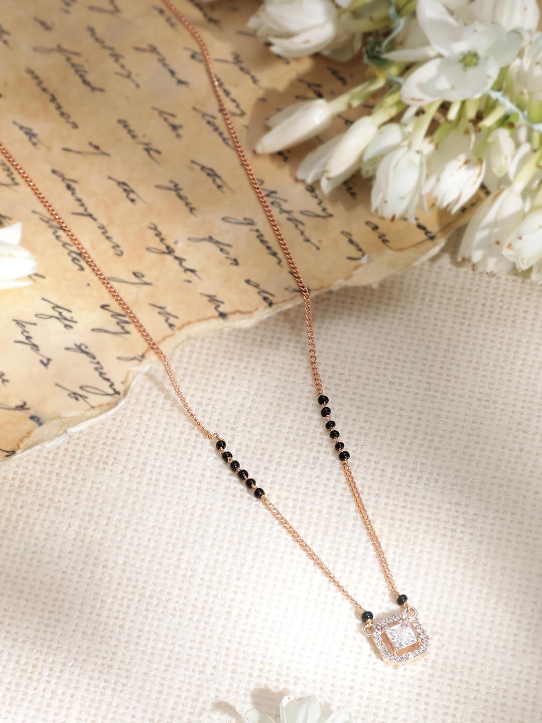 Dhiyona RJ Women's 18k Rose Gold Plated AD & CZ Studded Mangalsutra Necklace with Black Beads