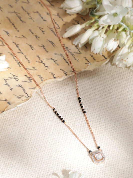 Dhiyona RJ Women's 18k Rose Gold Plated AD & CZ Studded Mangalsutra Necklace with Black Beads