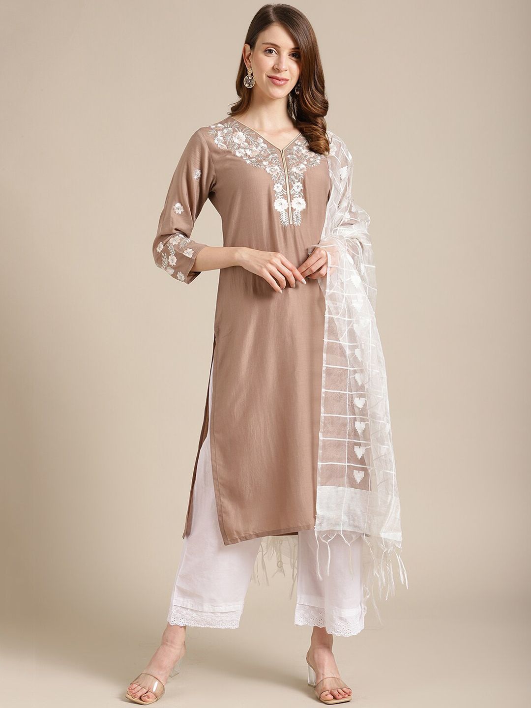 Dhiyona VA Women's Beige Floral Embroidered Kurta with Trousers & With Dupatta