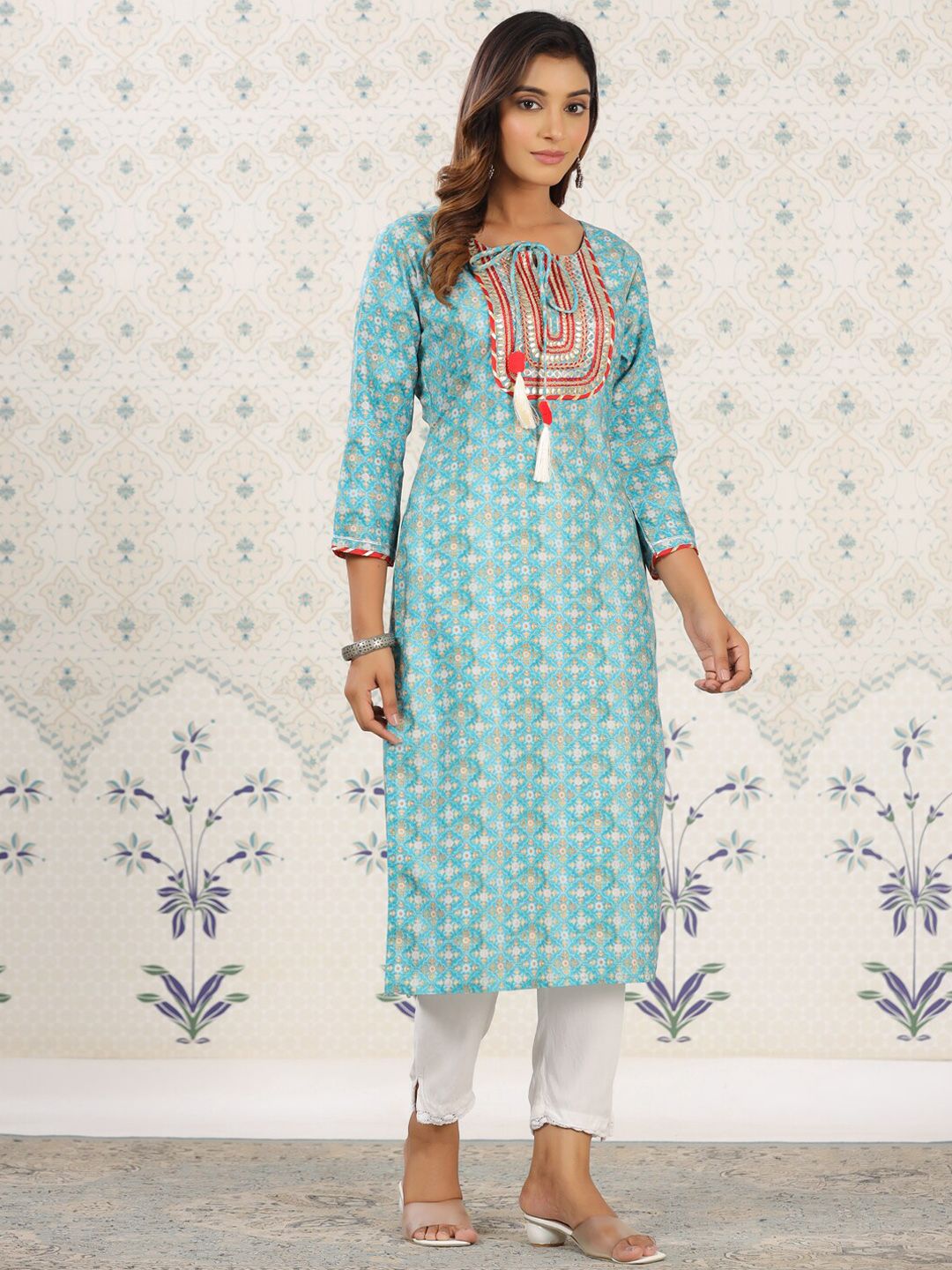 Dhiyona OD Sea Green Ethnic Printed Tie-Up Neck Gotta Patti Straight Kurta