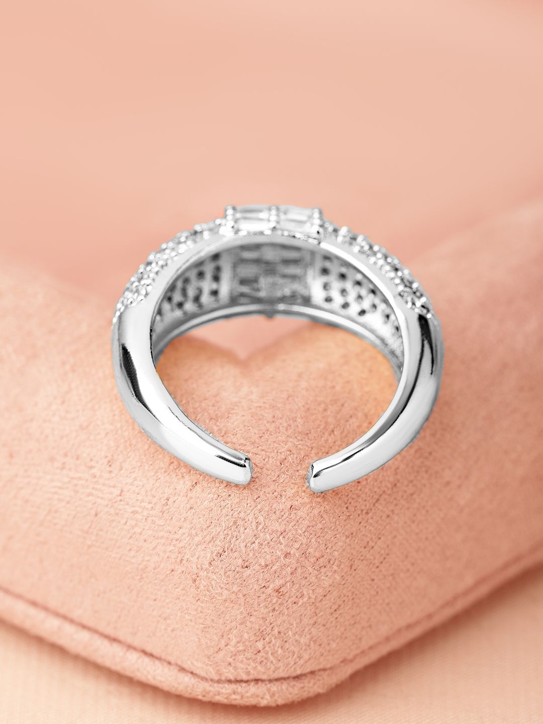 Dhiyona RJ Women's Rhodium Plated Pave & Baguette Cubic Zirconia Studded Adjustable Ring