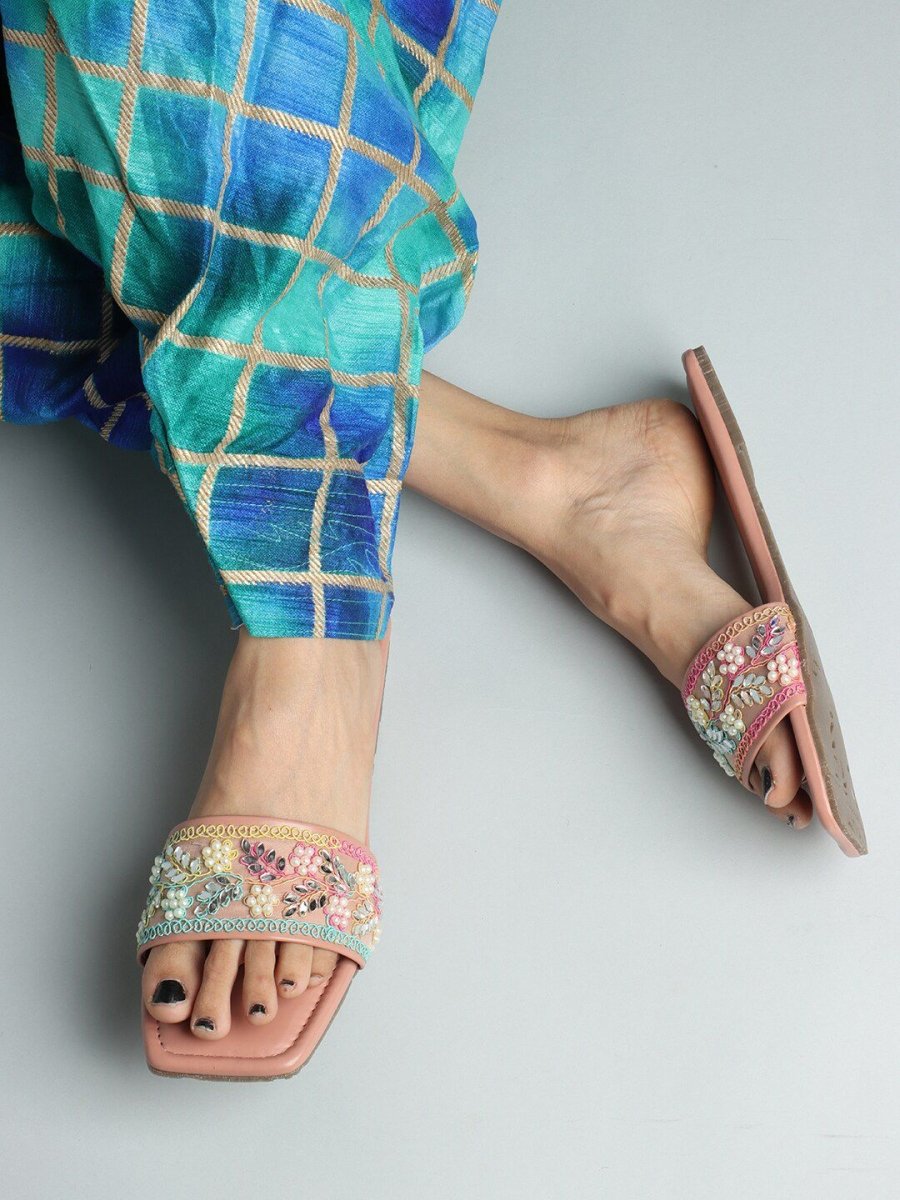 Dhiyona AK Peach-Coloured Embellished Open Toe Flats