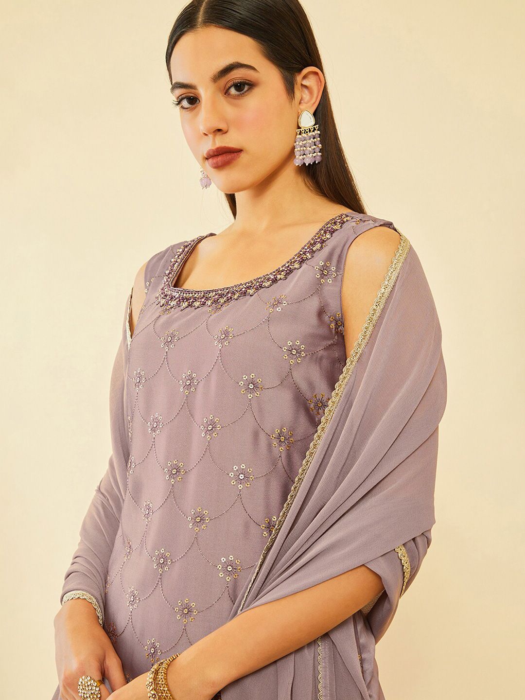 Dhiyona SO Women's Floral Embroidered Regular Sequinned Kurta with Palazzos & Dupatta
