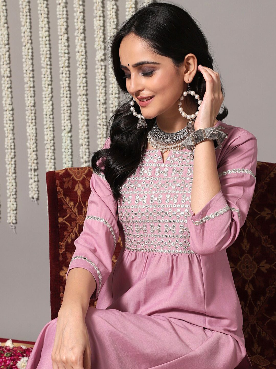 Dhiyona VA Women'sEthnic Motifs Yoke Design Mirror Work Straight Kurta With Trousers & Dupatta