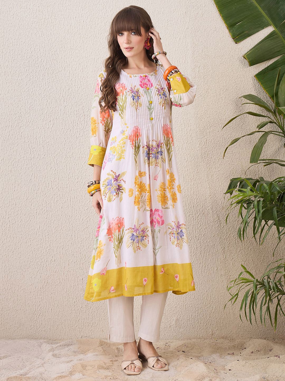 Dhiyona IE Floral Printed Round Neck Pure Cotton Straight Kurta With Trouser