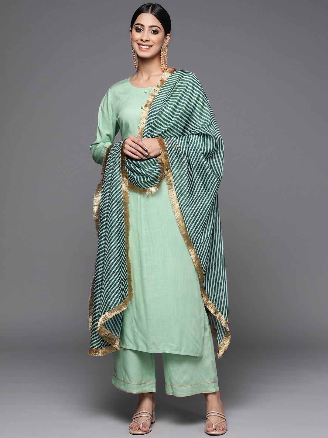 Dhiyona VA Women's Green Solid Gotta Patti Detail Empire Kurta with Palazzos & With Dupatta