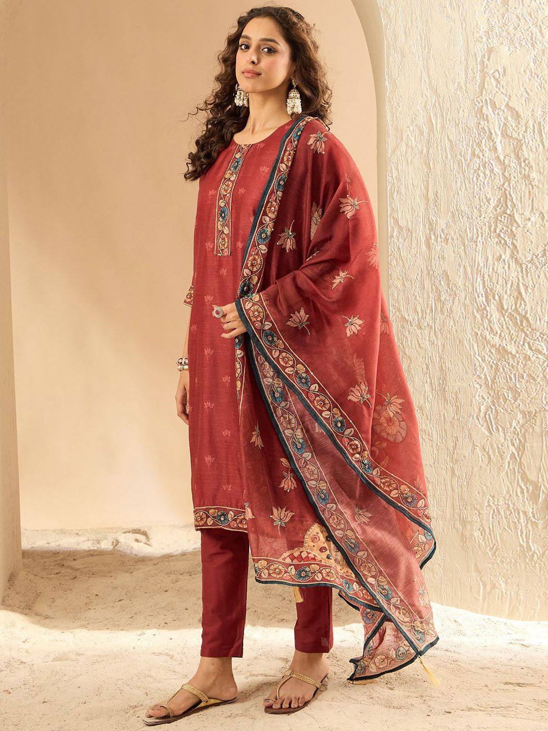 Dhiyona IE Women Embroidered Regular Thread Work Chanderi Silk Kurta Trousers Dupatta