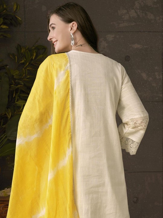 Women's Embroidered Pleated Chikankari Pure Cotton A-Line Kurta With Trousers & Dupatta