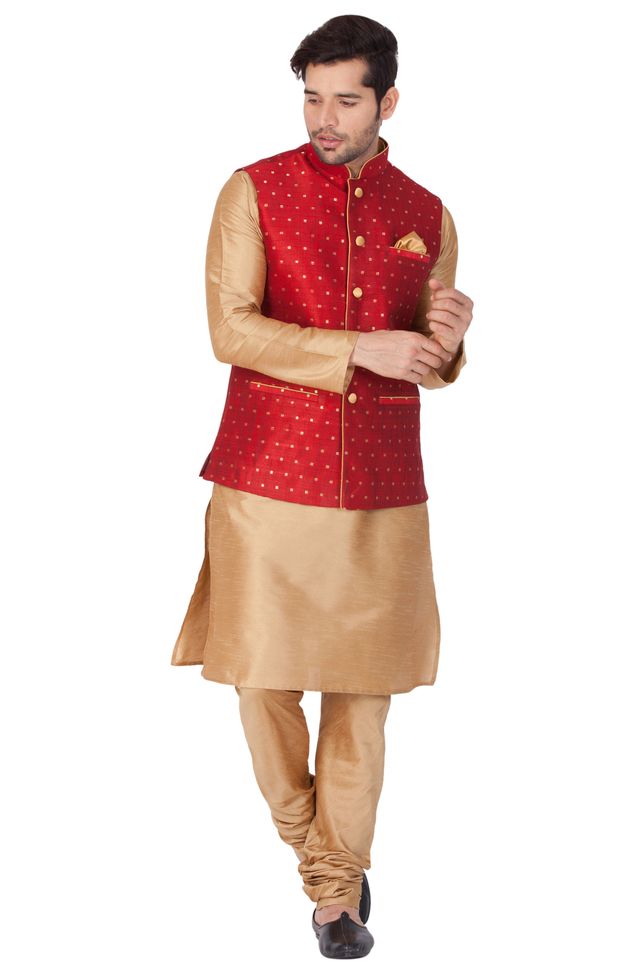 Men's Gold Silk Blend Straight Jacket Kurta and Pyjama Set