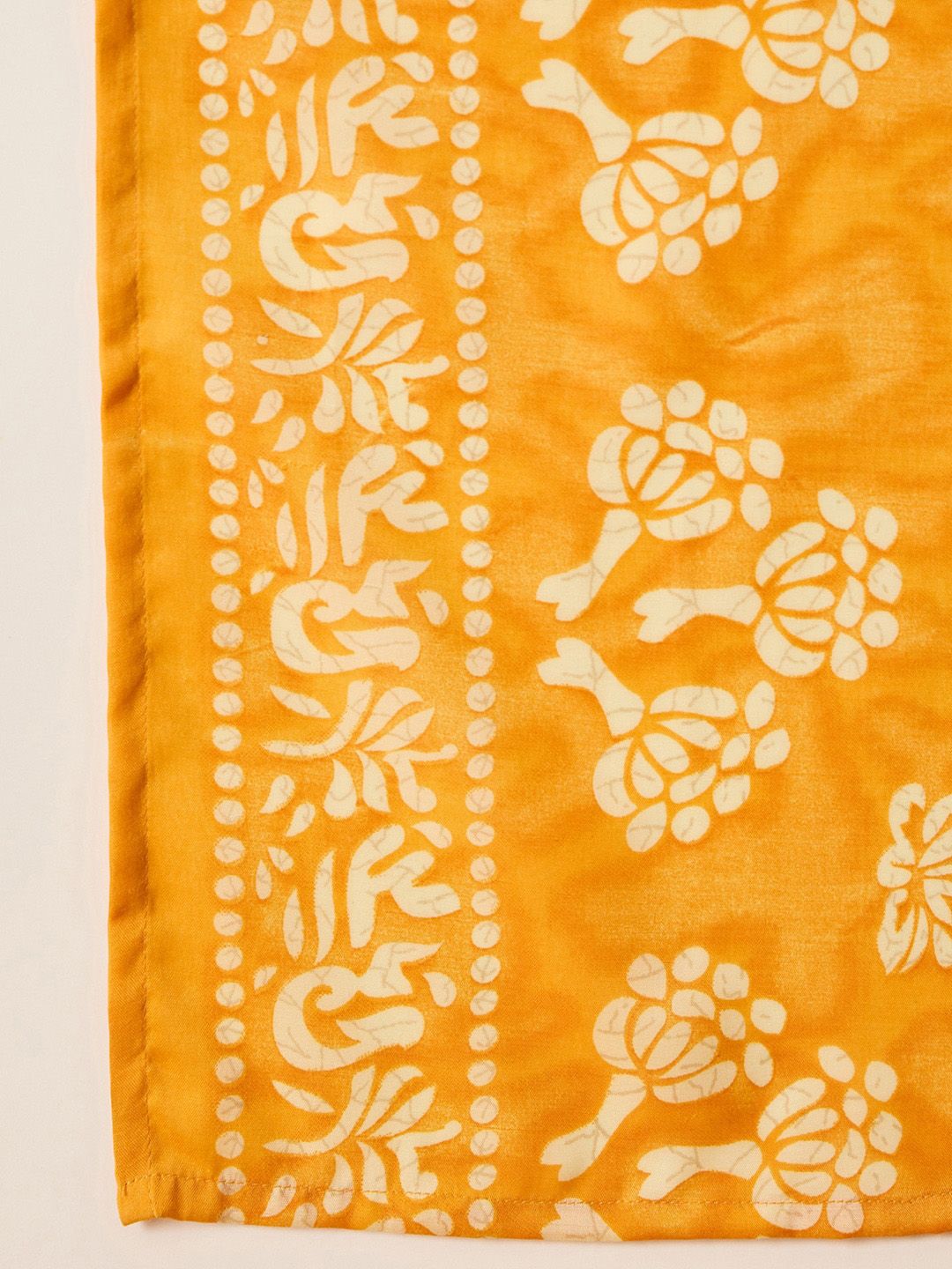 Dhiyona IE Mustard Floral Printed V-Neck Thread Work Straight Kurta With Trousers & Dupatta