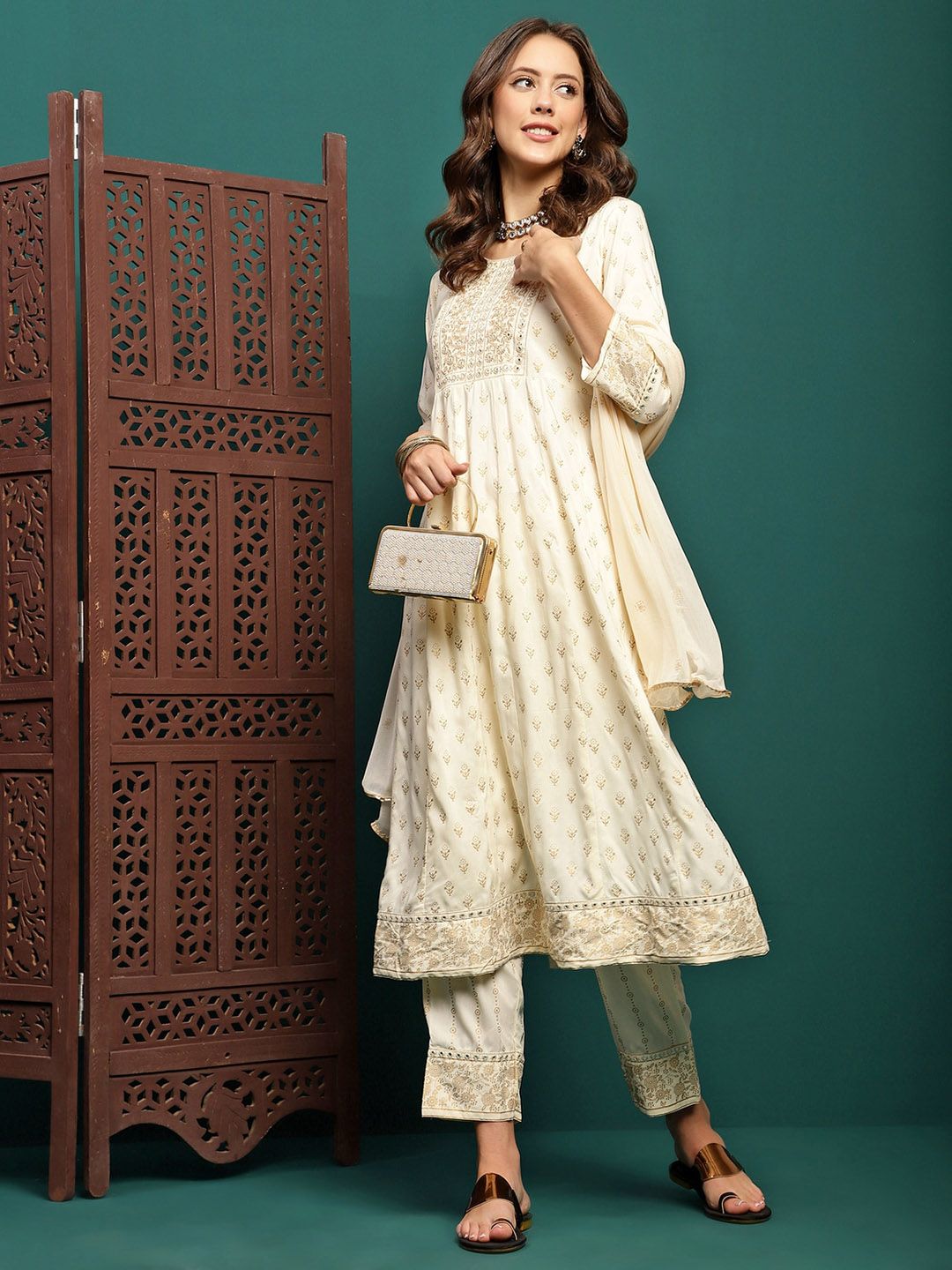 Dhiyona SN Women's Printed & Embroidered Anarkali Kurta With Trouser & Dupatta Set