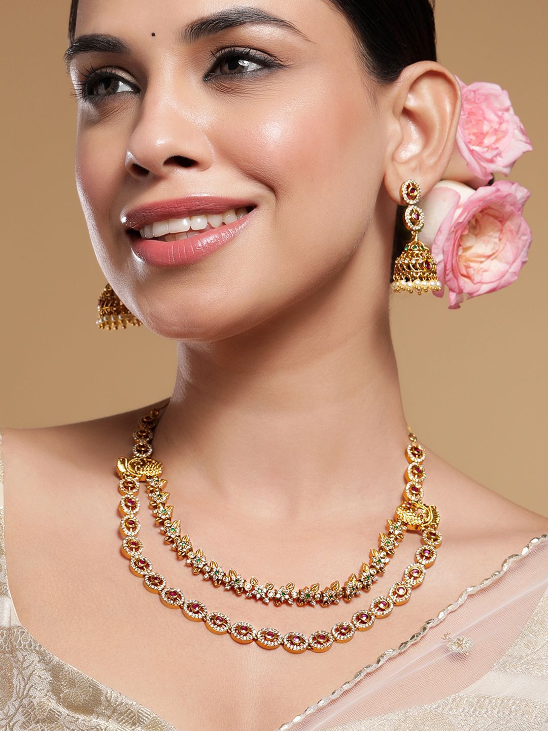 Dhiyona RJ Women's 22K Gold-Plated Ruby, Emerald & Cubic Zirconia Studded Double Layer Jewellery Set