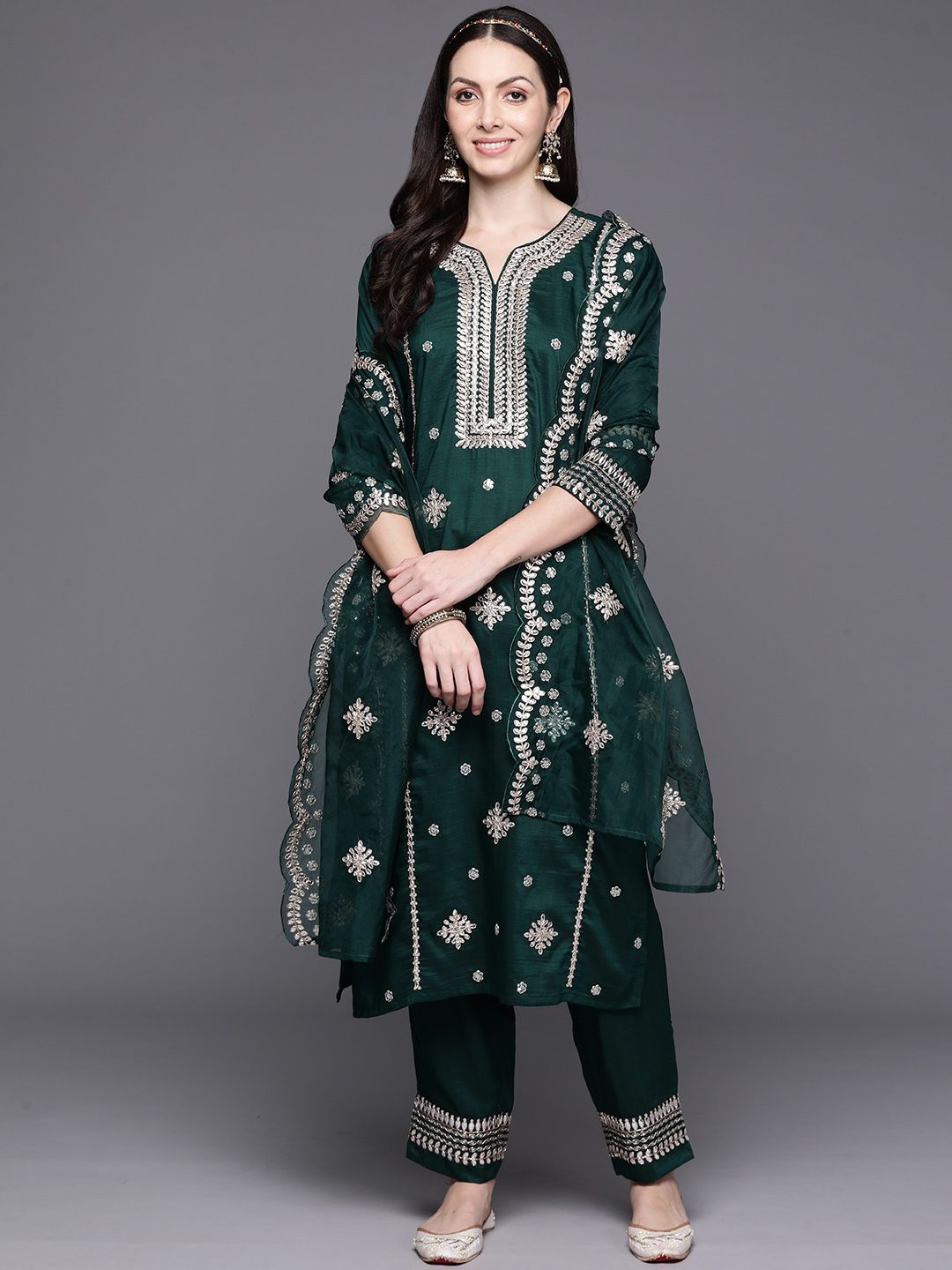 Dhiyona IE Women Ethnic Motifs Embroidered Gotta Patti Kurta with Trousers & Dupatta
