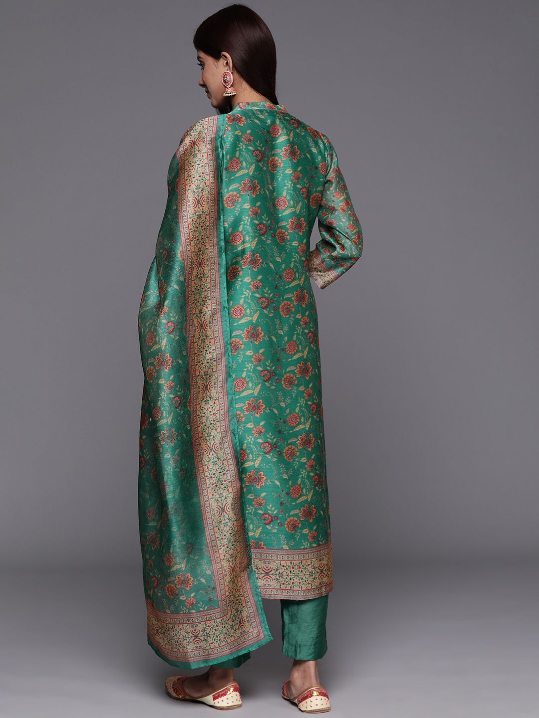 Dhiyona VA Women's Floral Printed Regular Chanderi Silk Kurta with Trousers & Dupatta