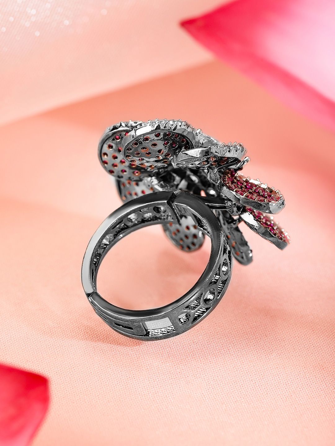 Dhiyona RJ Women's Rhodium Plated Cubic Zirconia-Studded Floral Adjustable Finger Ring