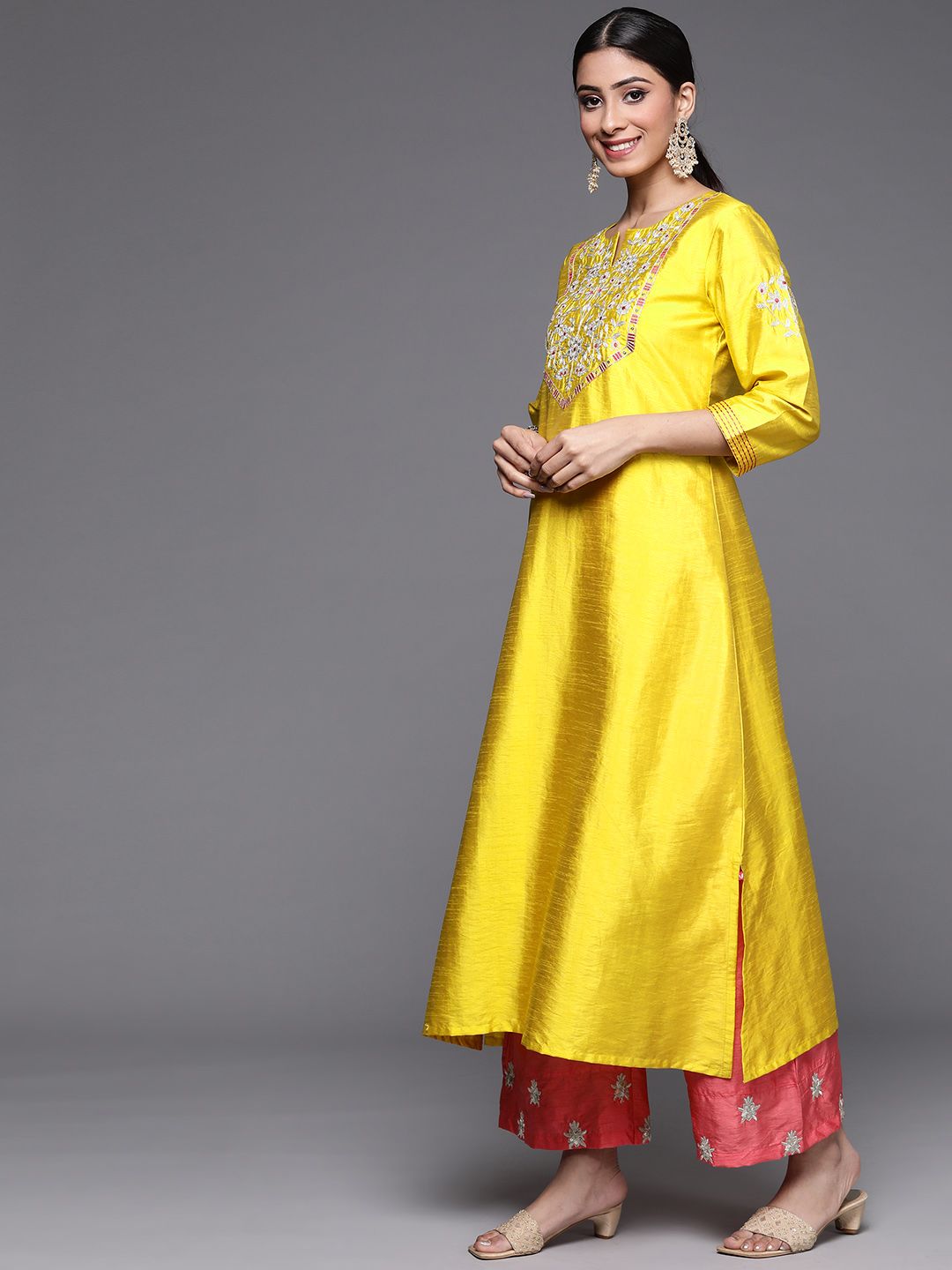 Dhiyona VA Women's Mustard Yellow Floral Embroidered Kurta with Trousers & Dupatta