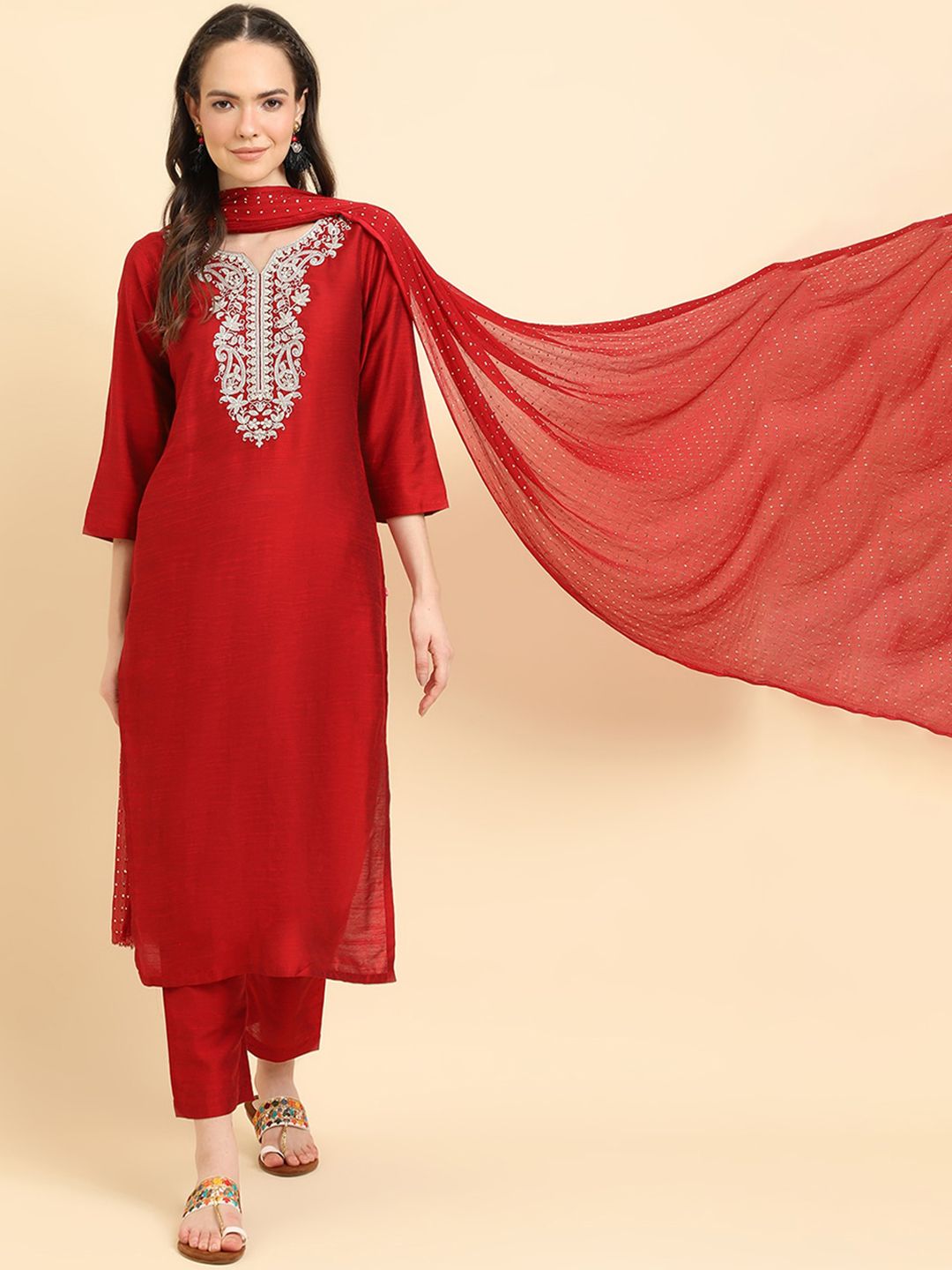 Dhiyona VA Women'sRed Ethnic Motifs Yoke Design Thread Work Kurta Wth Trousers & Dupatta