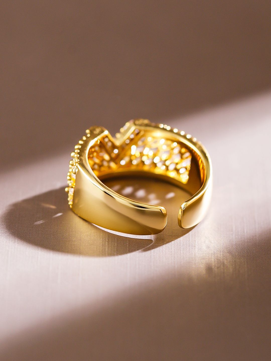 Dhiyona RJ Women's 18K Gold Plated Cubic Zirconia Studded V Cut Crown Design Adjustable Ring