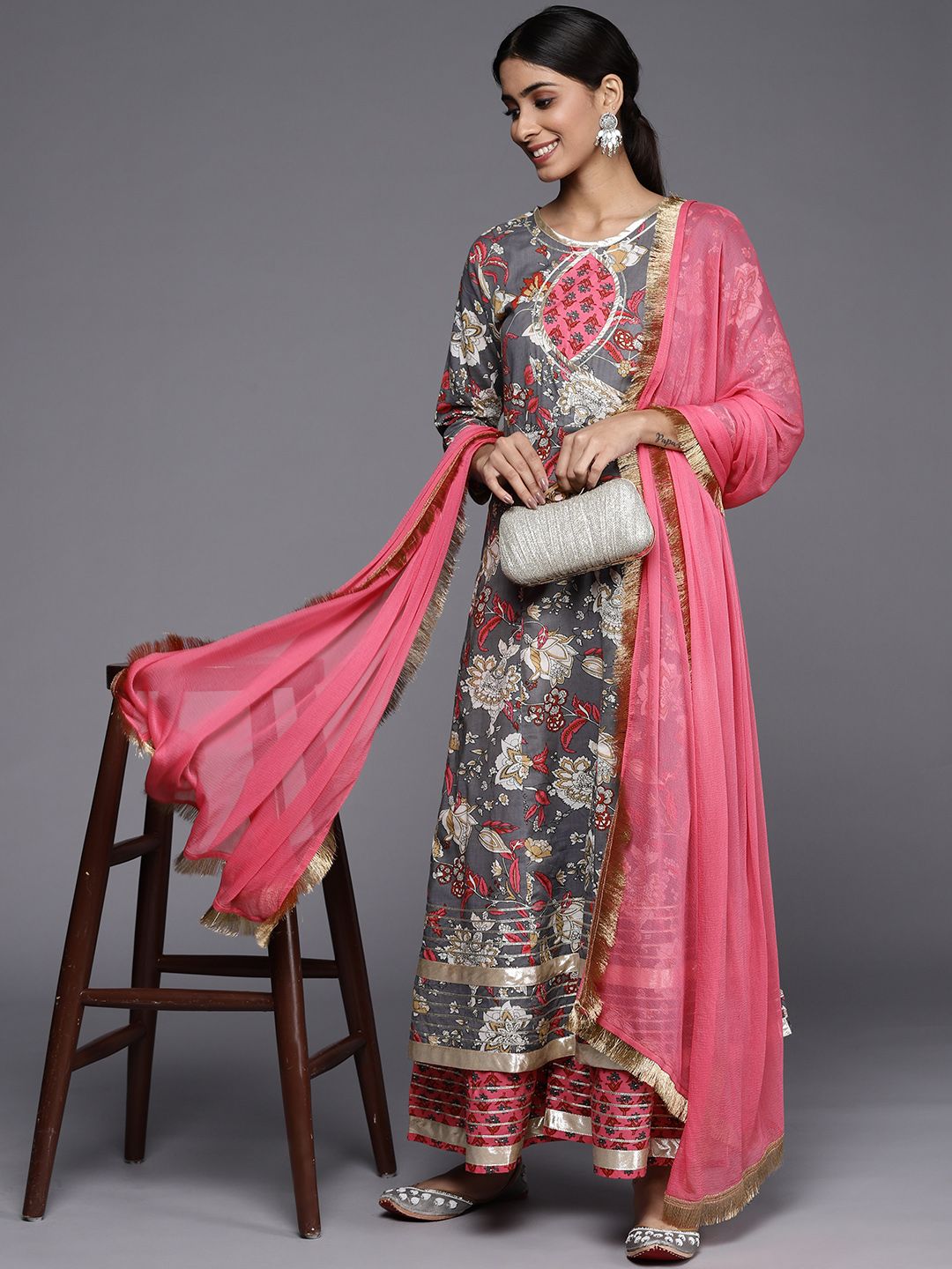 Dhiyona VA Women's Grey Floral Printed Gotta Patti Pure Cotton Kurta with Sharara & With Dupatta