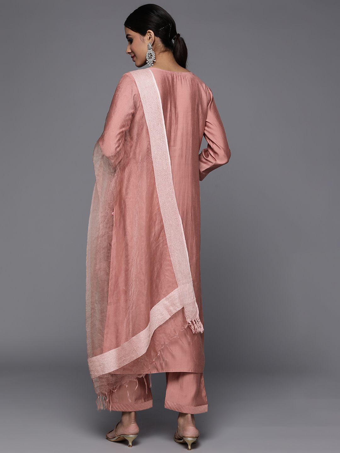 Dhiyona VA Women's Dusty Rose Pink Ethnic Motifs Embroidered Sequinned Kurta Trousers & Dupatta