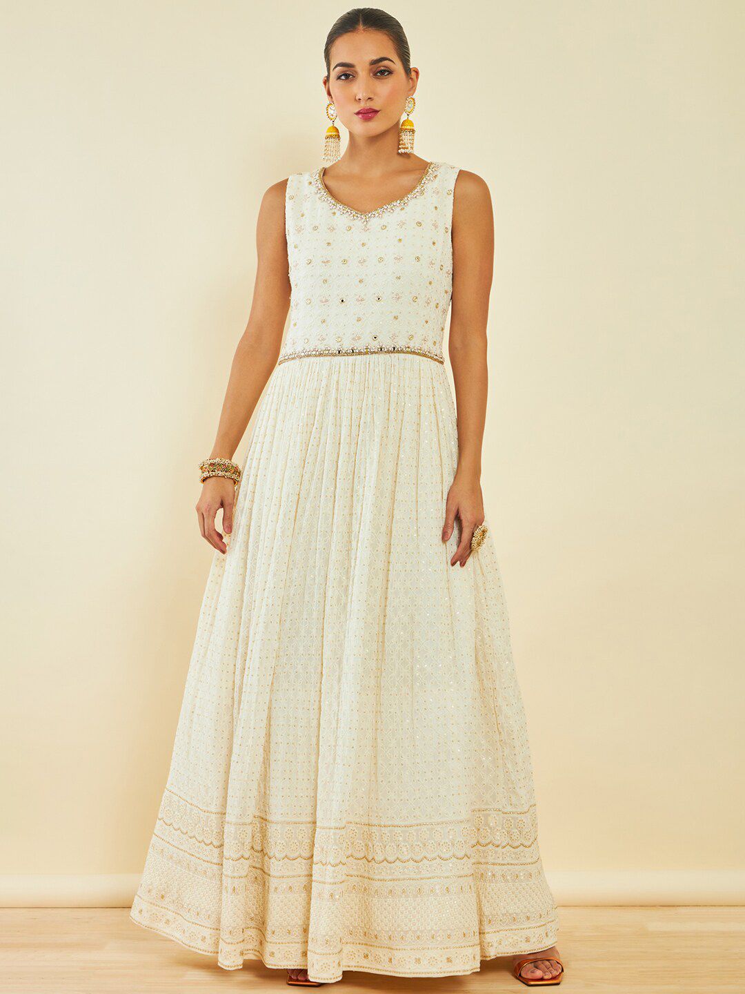 Dhiyona SO Women's Off White Floral Embroidered Sequinned Anarkali Kurta With Churidar & Dupatta