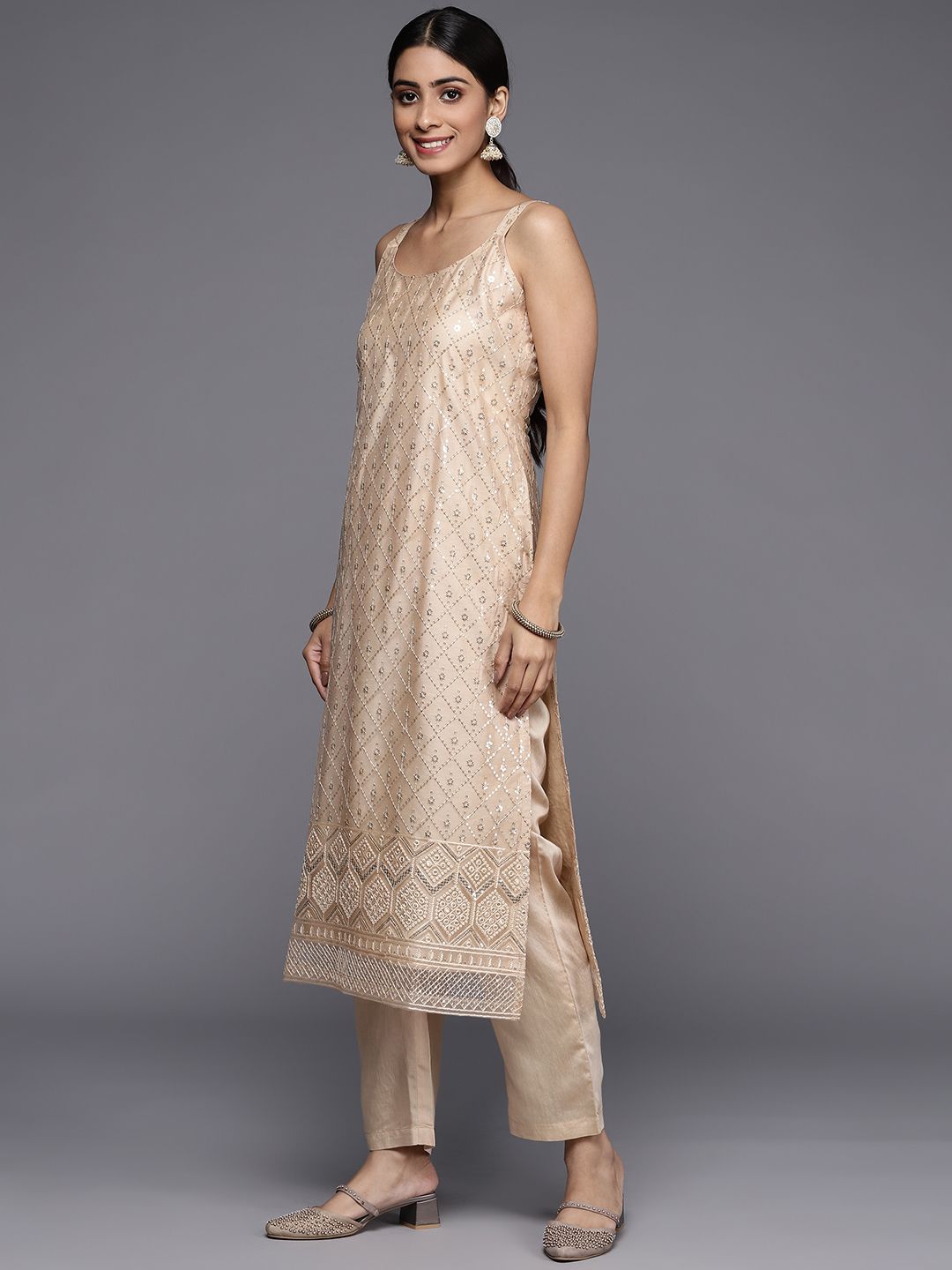 Dhiyona VA Women's Beige Sequinned Kurta with Trousers & With Dupatta