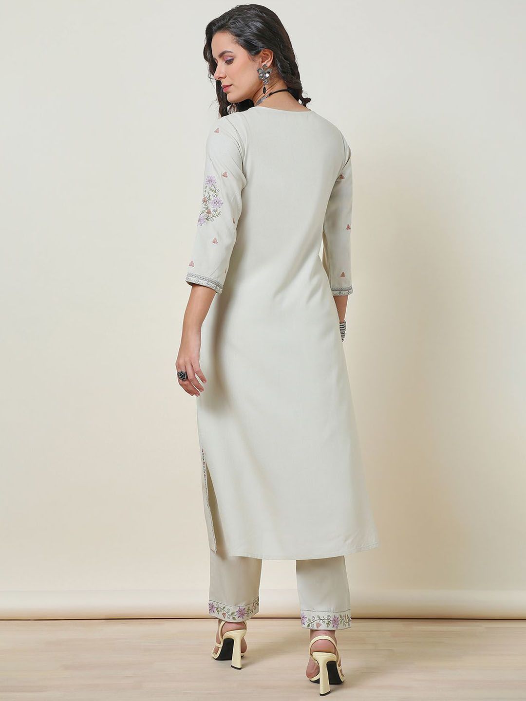 Dhiyona SO Women's Beige-Coloured Floral Embroidered Thread Work Straight Kurta With Trousers