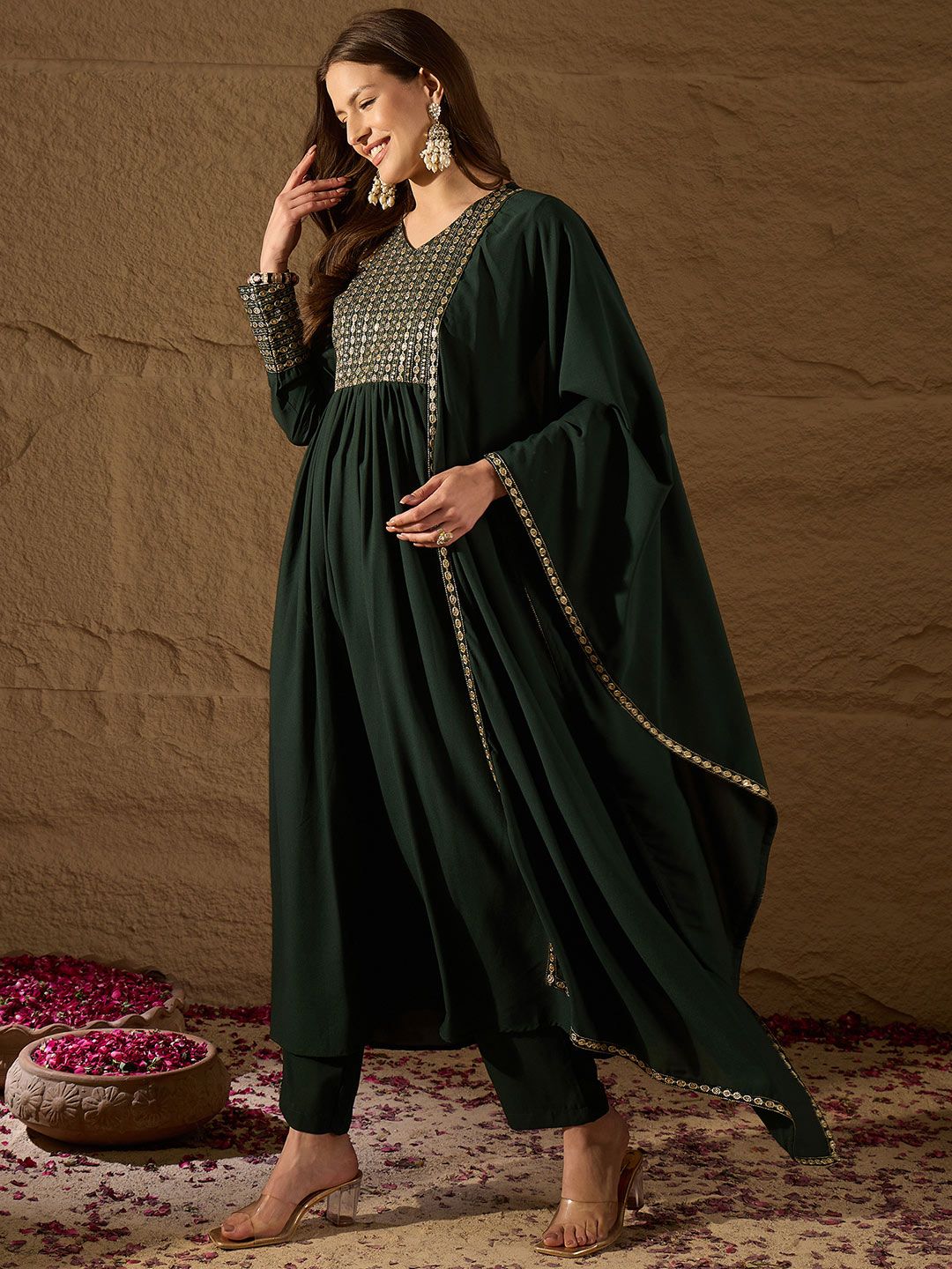 Dhiyona PD Women Yoke Design V-Neck Sequinned Pleated Georgette Kurta & Trousers & Dupatta